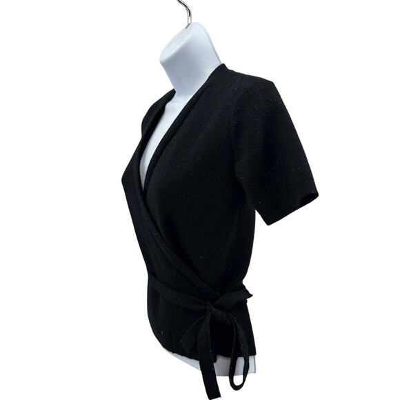 Gap Wrap Top Womens M Black Sparkle Wool Blend Knit Short Sleeve Cropped V-Neck - Picture 3 of 6